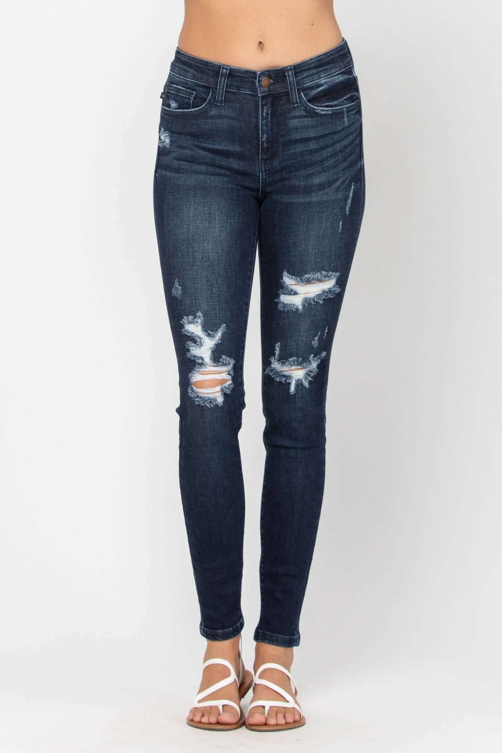 1 & 5 ONLY Judy Blue: Damsel in Distress - Dark Wash Skinny Jeans