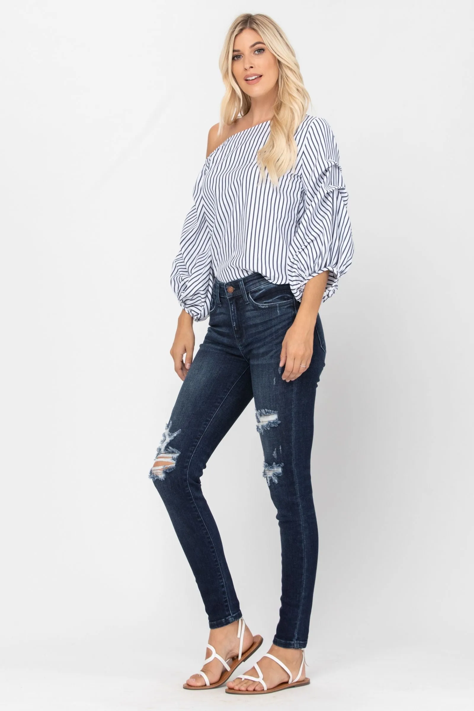 1 & 5 ONLY Judy Blue: Damsel in Distress - Dark Wash Skinny Jeans