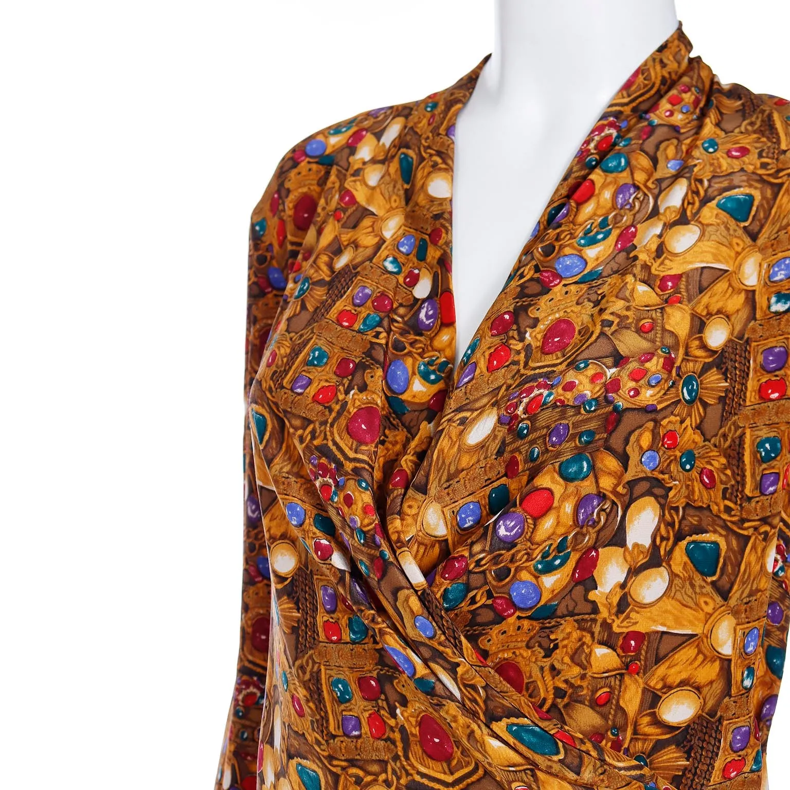 1990s Silk Jewel Novelty Print Wrap Style Plunging Neck Blouse