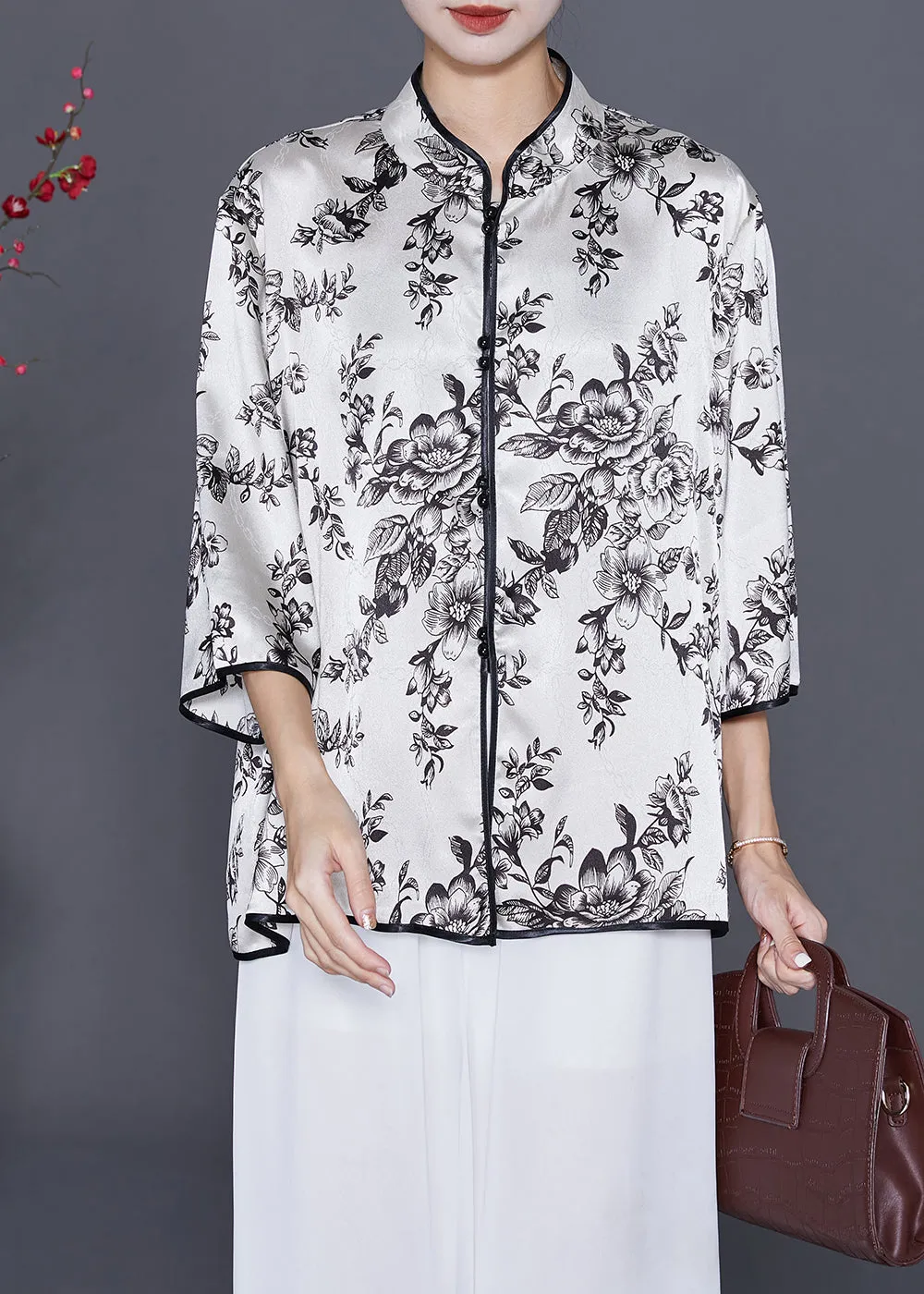 Art White Print Slim Fit Silk Blouses Summer LY7648