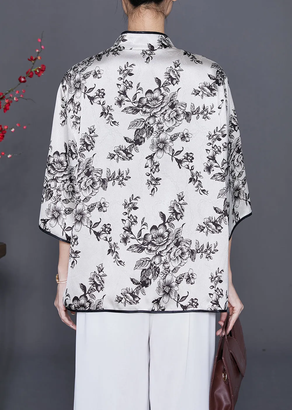 Art White Print Slim Fit Silk Blouses Summer LY7648