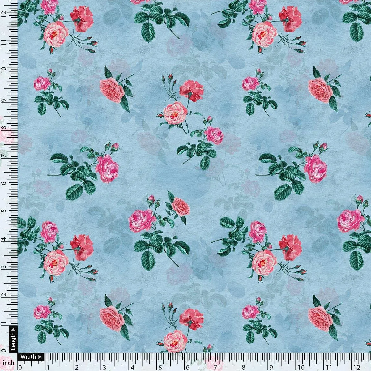 Aspen Green Leaf With Pink Rose Digital Printed Fabric - Crepe