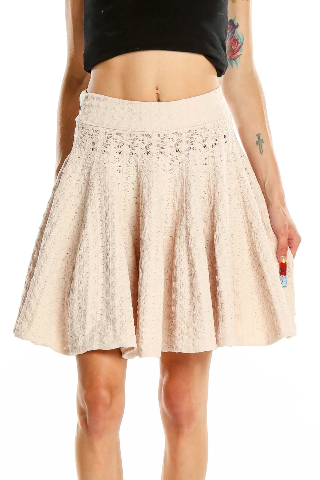 Beige Lace Flared Mini Skirt