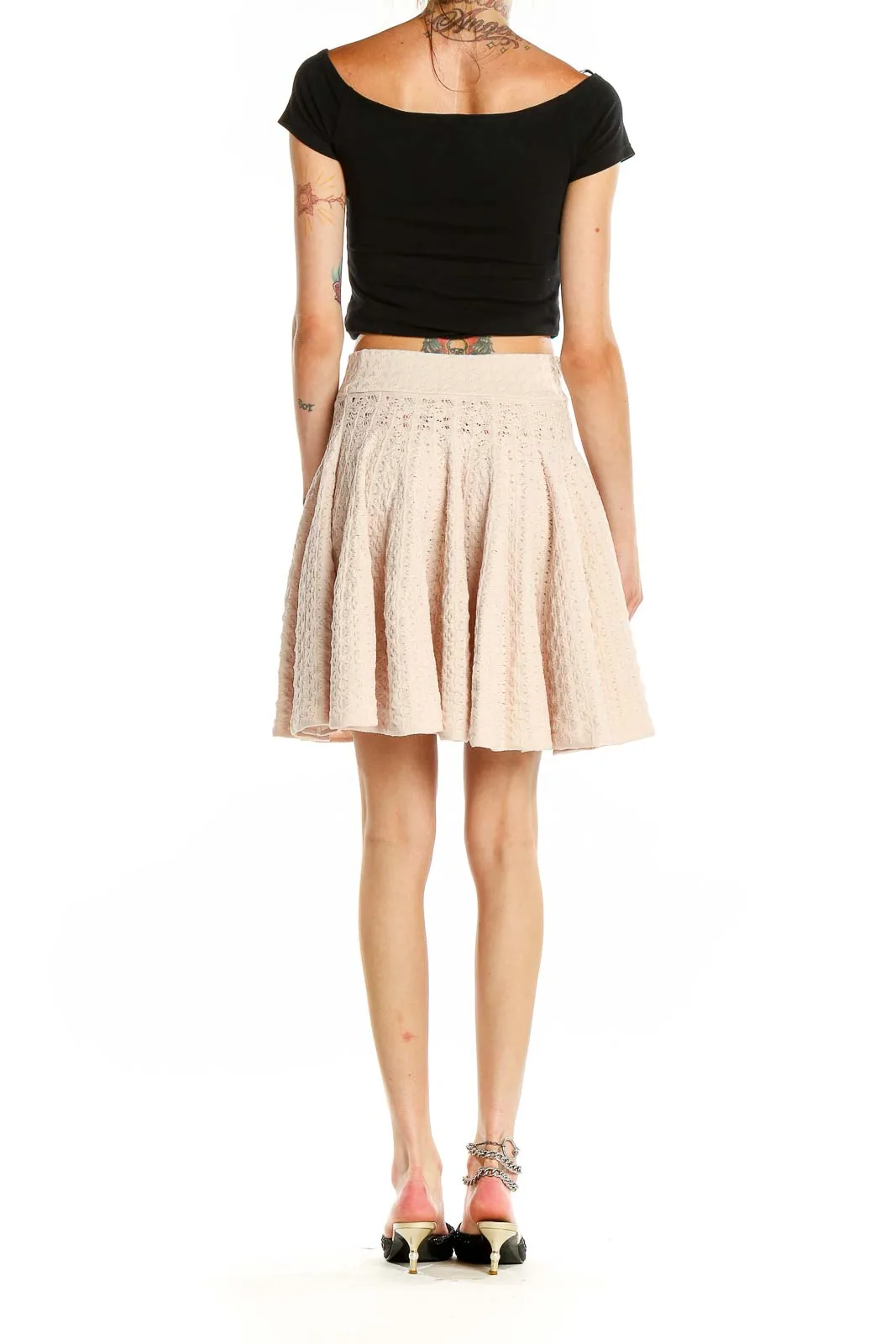 Beige Lace Flared Mini Skirt