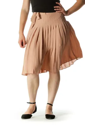 Beige Pleated Belted Zippered Mid-Length Skirt