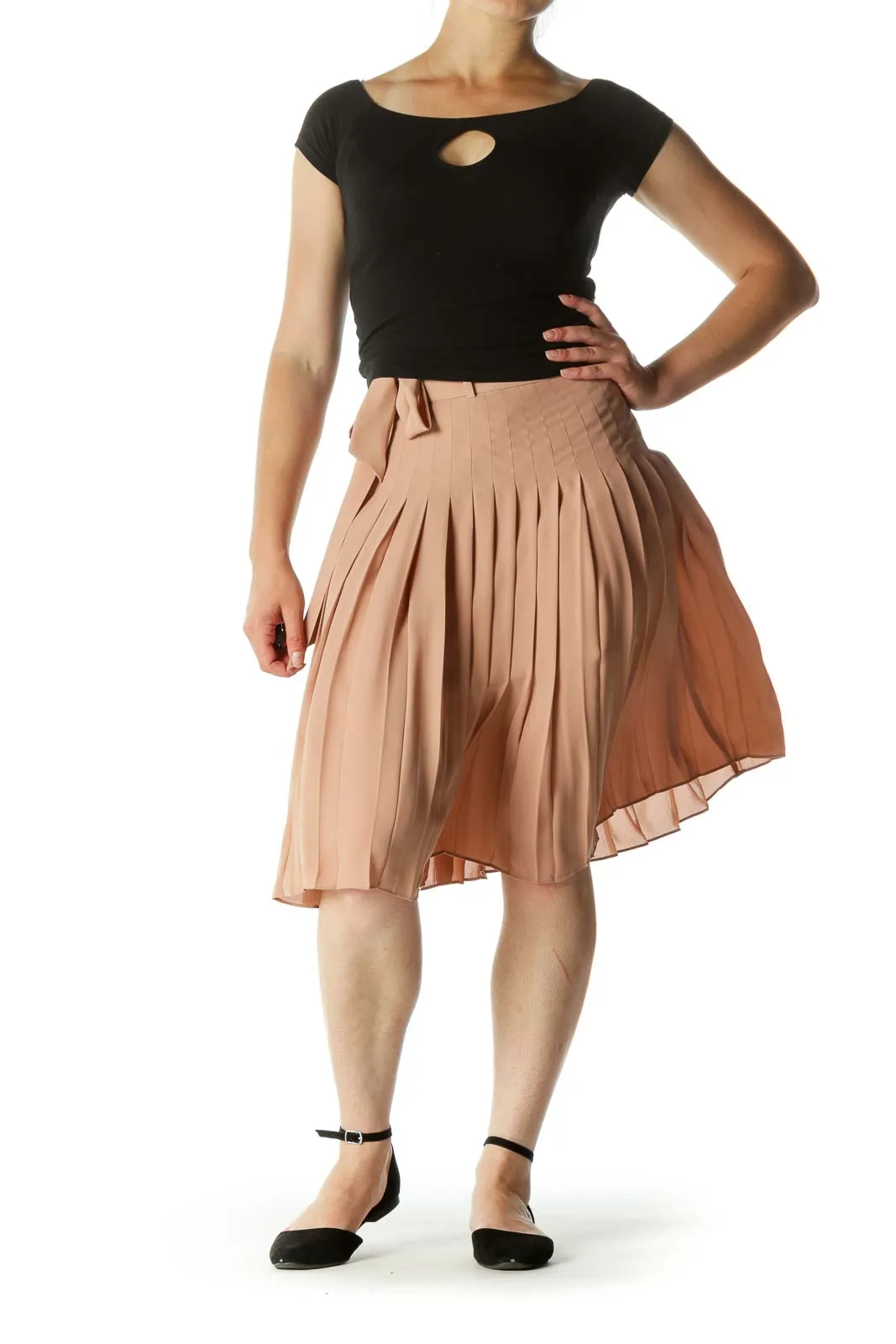 Beige Pleated Belted Zippered Mid-Length Skirt