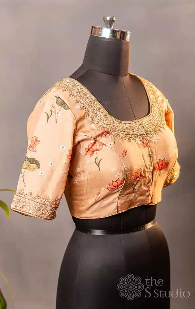 Beige printed semi silk readymade blouse with hand embroidery