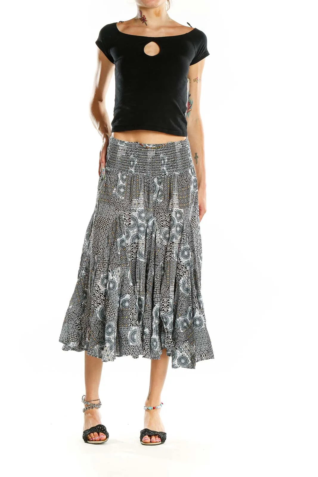 Black and White Patterned Cotton Midi Skirt