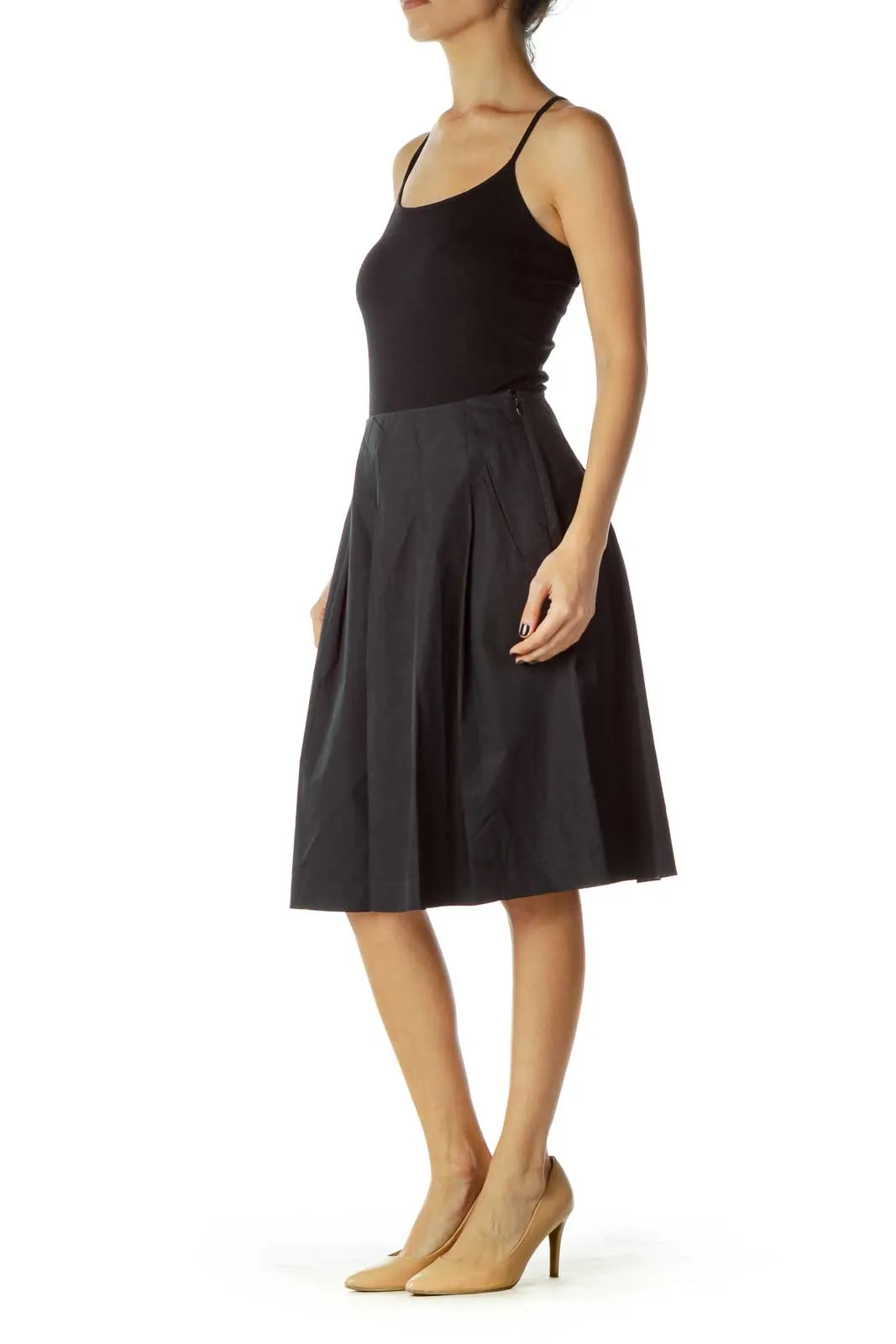 Black Flared Pocketed Skirt