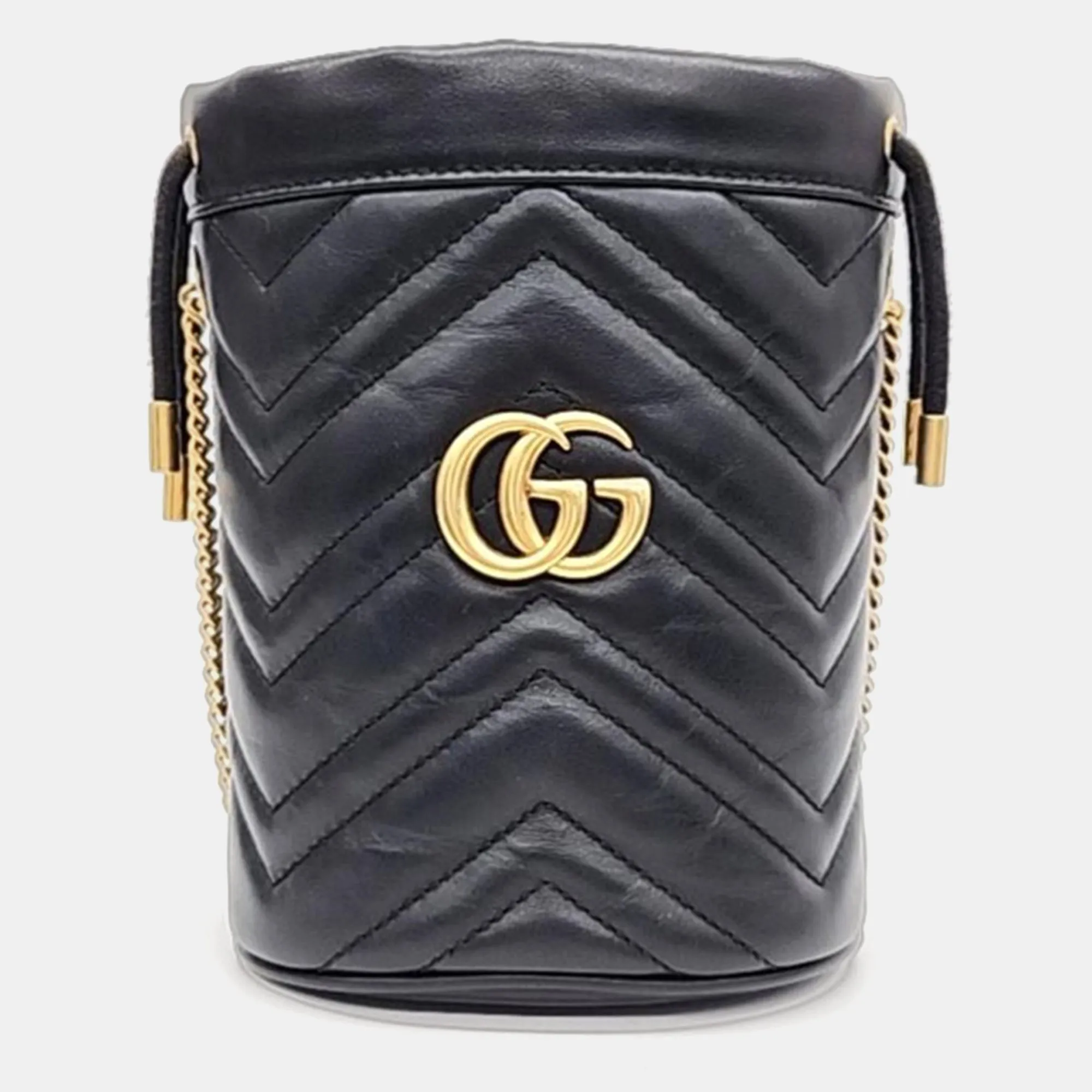 Black Leather Calfskin Quilted Mini GG Marmont 2.0 Bucket Bag