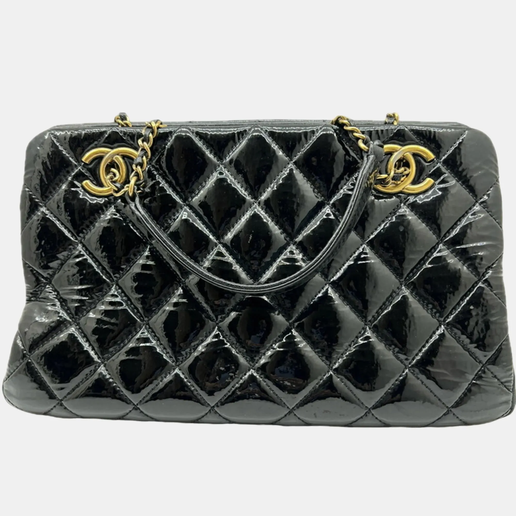 Black Patent Goatskin Quilted Small CC Eyelet Tote Bag