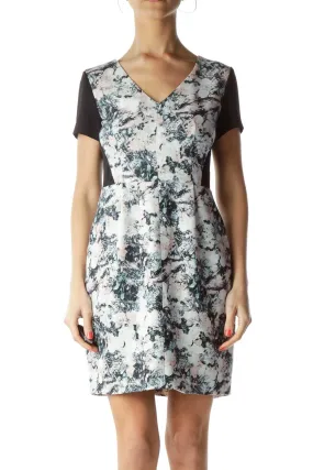 Black Print V-Neck Sheath Dress