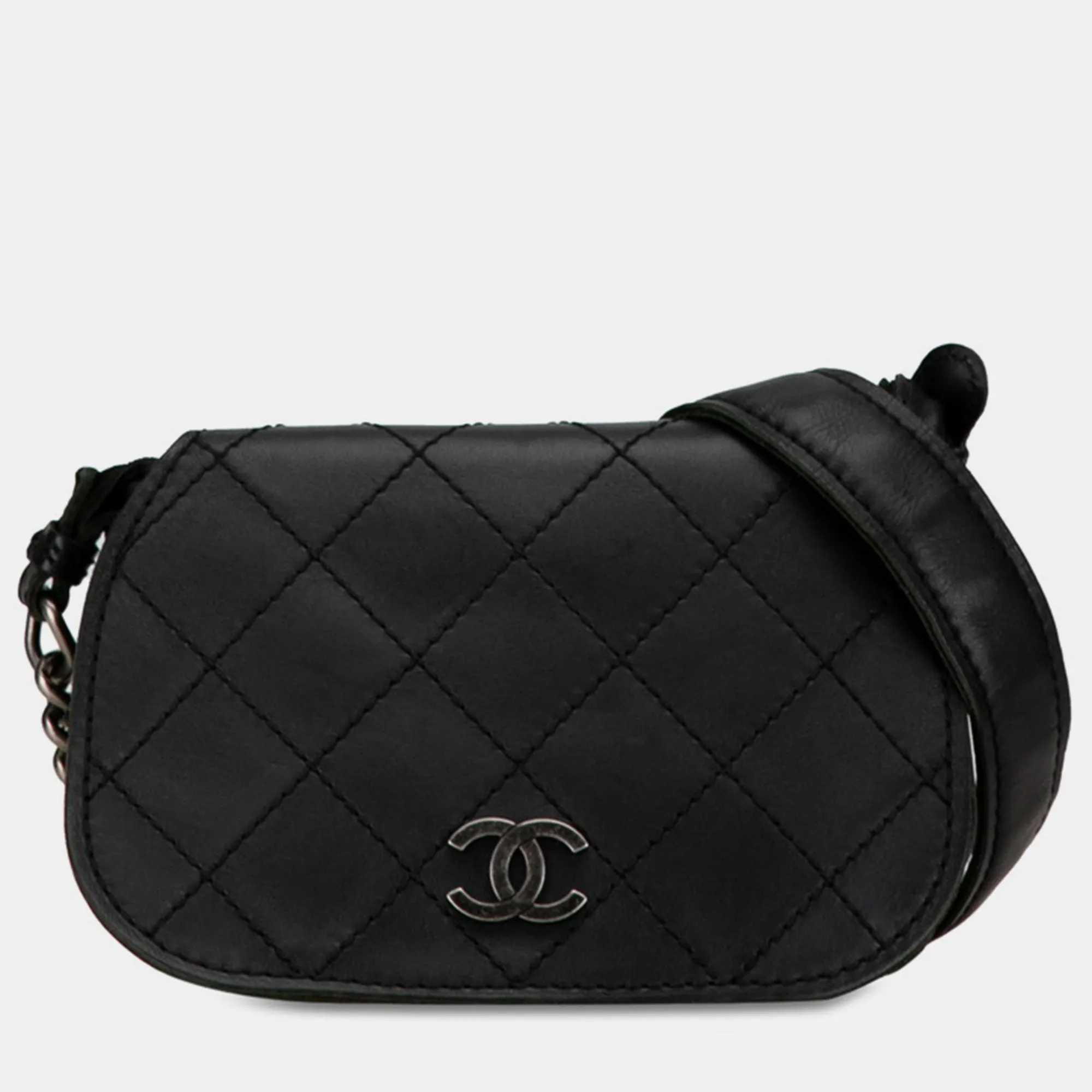 Black Quilted Leather Chain Flap Bag