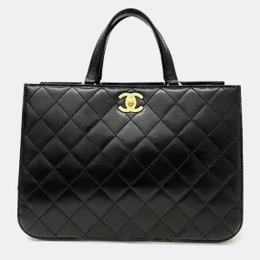 Black Quilted Leather Small Straight-Lined Shopper Tote