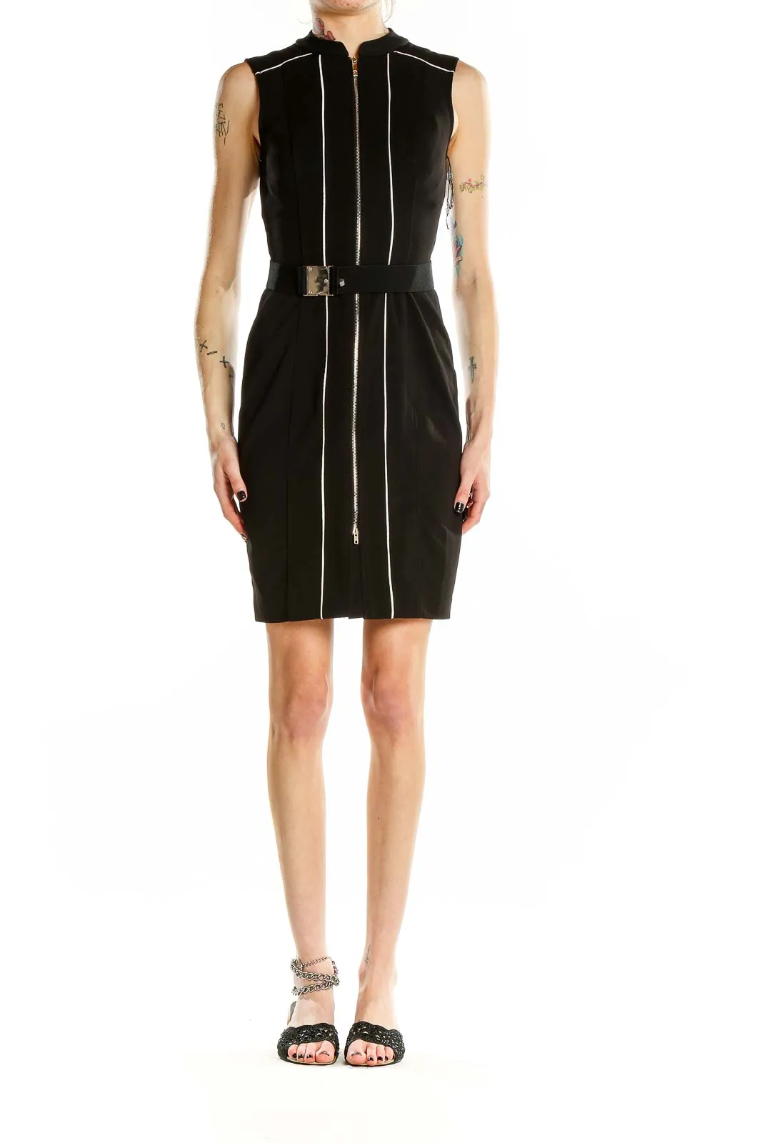 Black Sleeveless Belted Sheath Dress