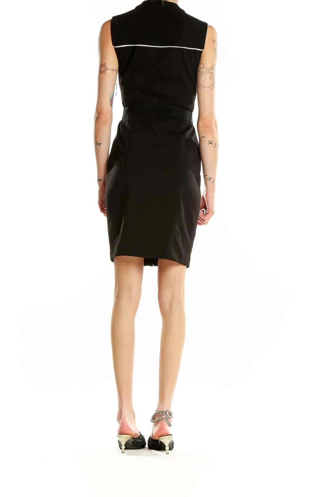 Black Sleeveless Belted Sheath Dress