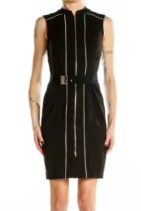 Black Sleeveless Belted Sheath Dress