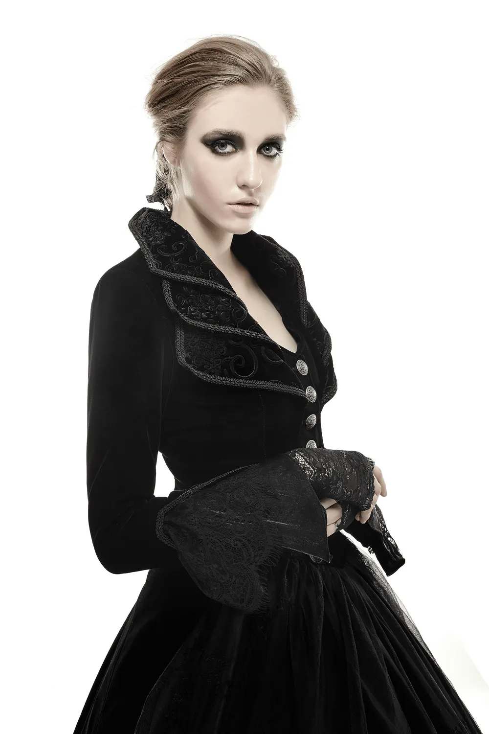 Black Velvet Long Gothic Trench Coat with Cascading Collar