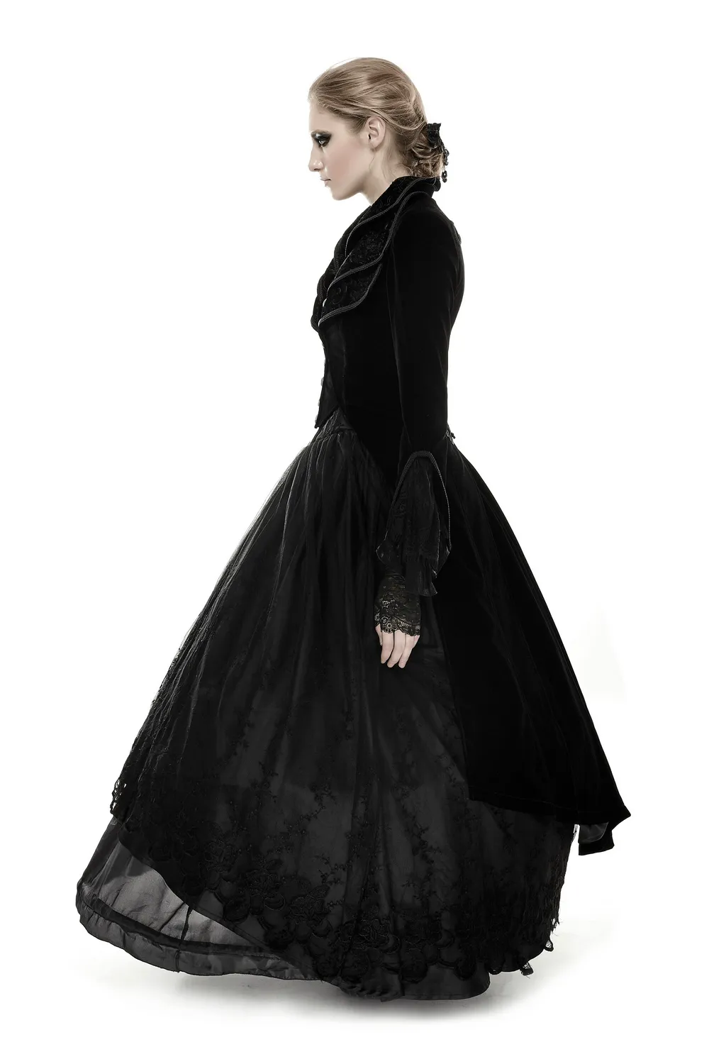 Black Velvet Long Gothic Trench Coat with Cascading Collar