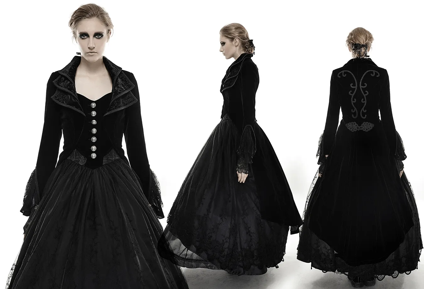 Black Velvet Long Gothic Trench Coat with Cascading Collar