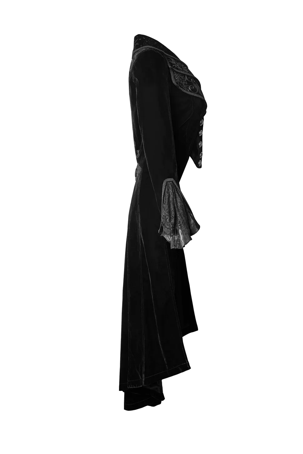 Black Velvet Long Gothic Trench Coat with Cascading Collar