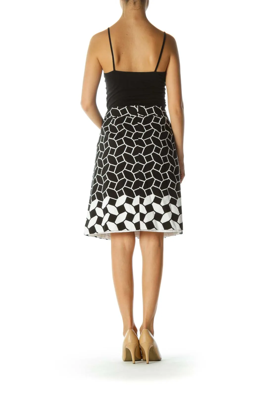 Black White 100% Cotton Pleated Pocketed Print Flared Skirt