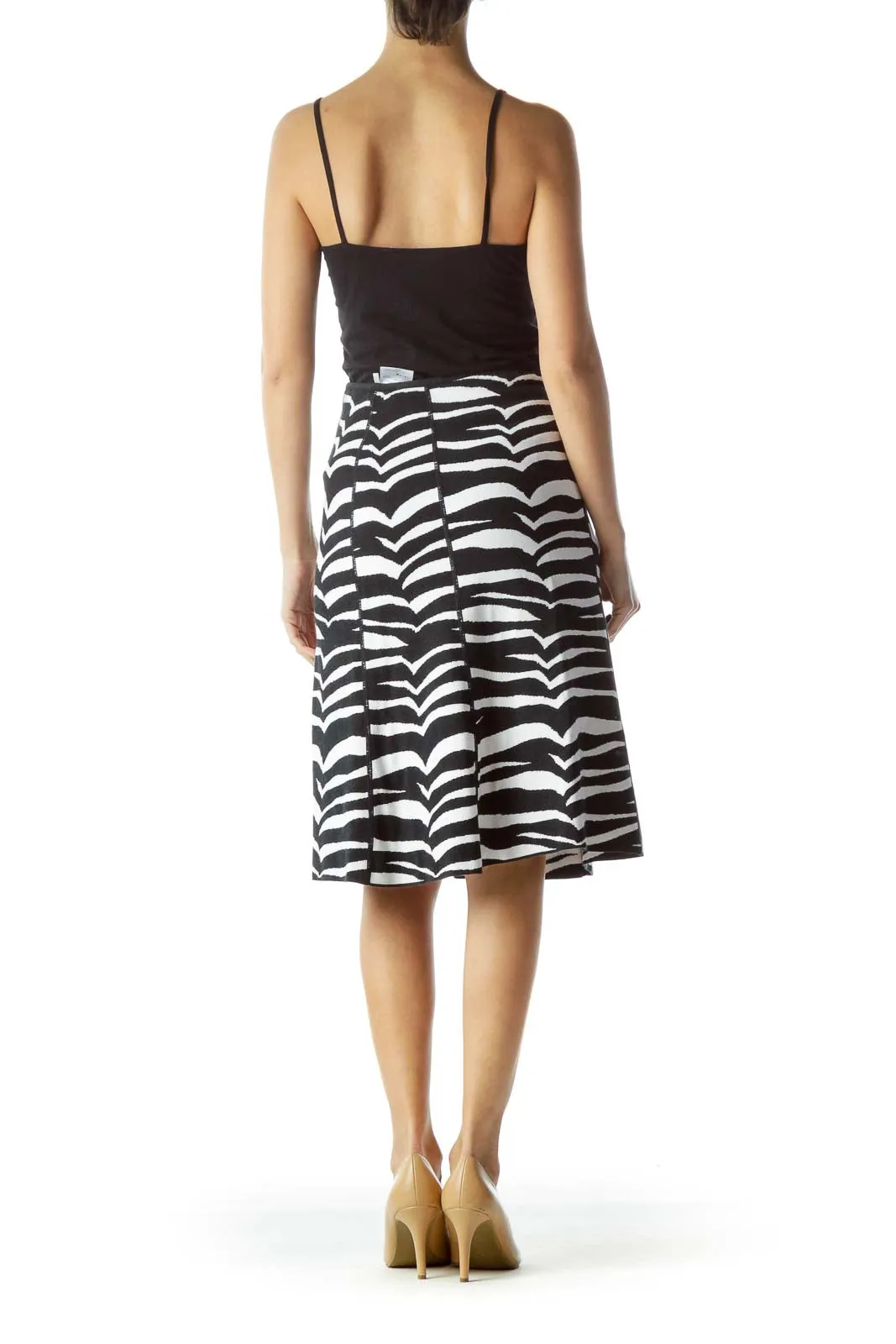 Black White Textured Print Knit Flared Skirt