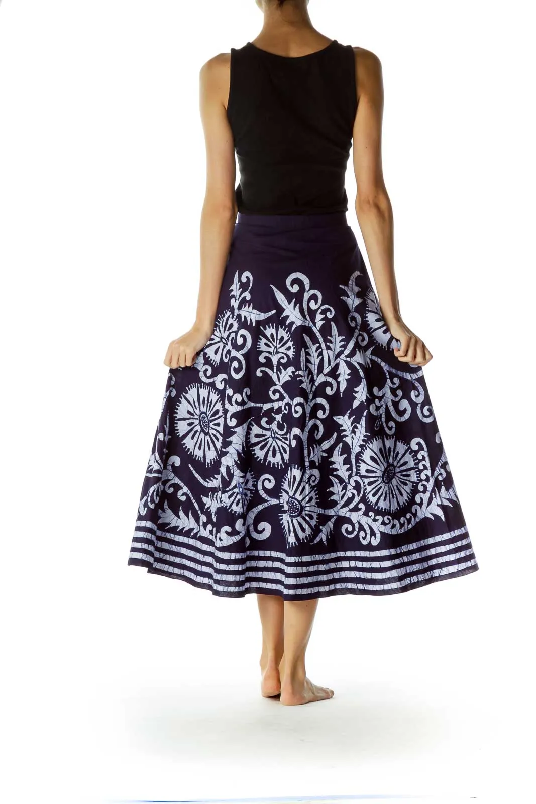 Blue White Printed 100% Cotton Flared Skirt