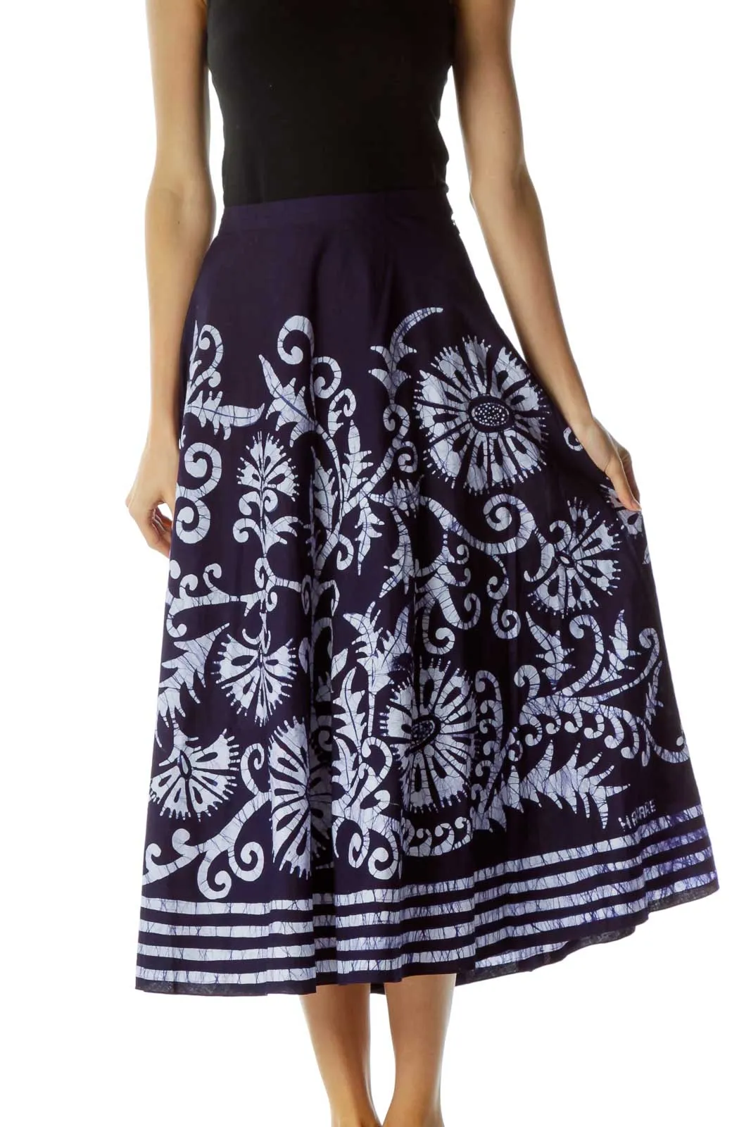 Blue White Printed 100% Cotton Flared Skirt