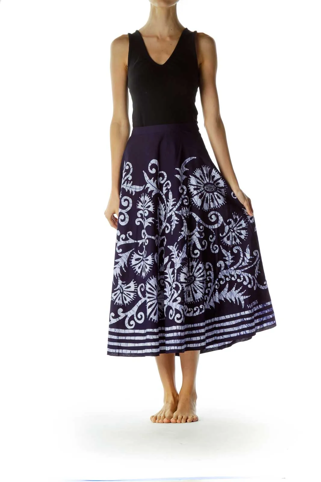 Blue White Printed 100% Cotton Flared Skirt