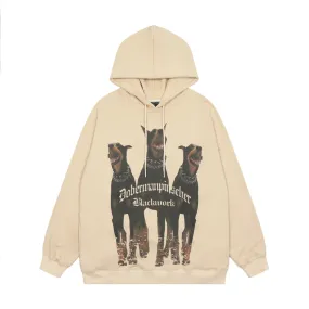 Bonsir Dog and Letter Painted Pullover Terry Hooded Hoodies Men's and Women's High Street Retro Casual Oversized Baggy Sweatshirts