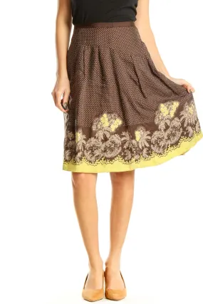 Brown Polka Dot Floral Print Brunch Flared Skirt