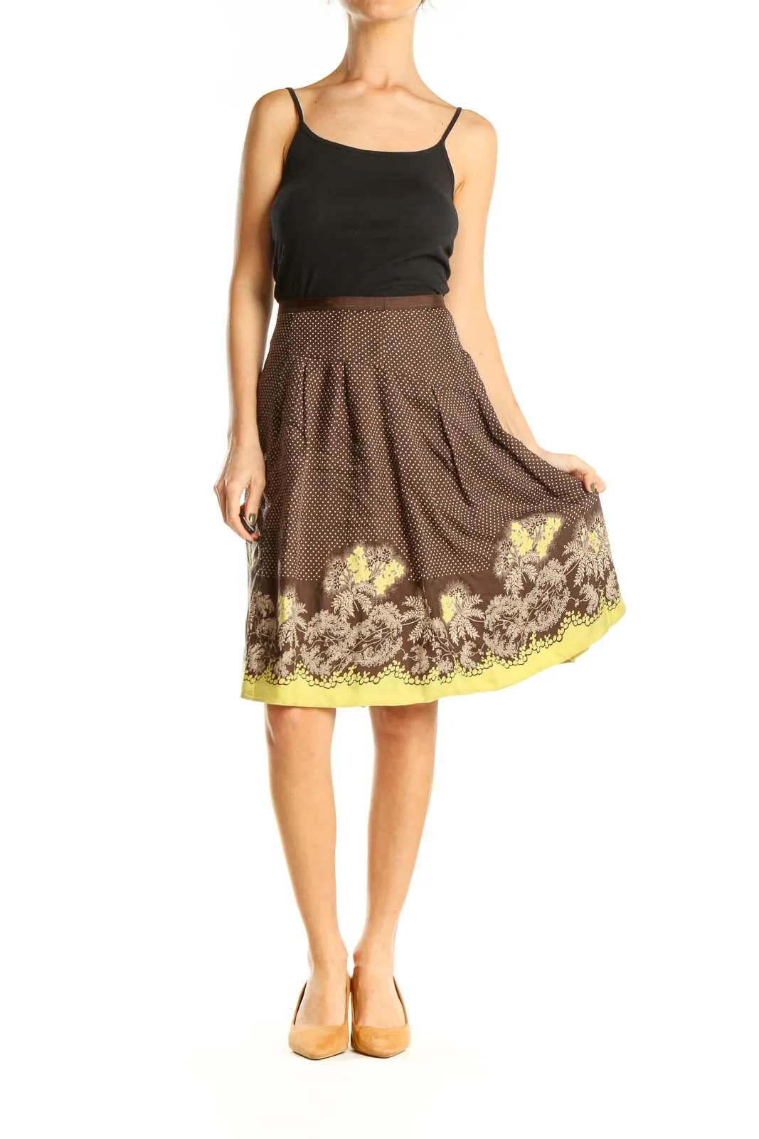 Brown Polka Dot Floral Print Brunch Flared Skirt