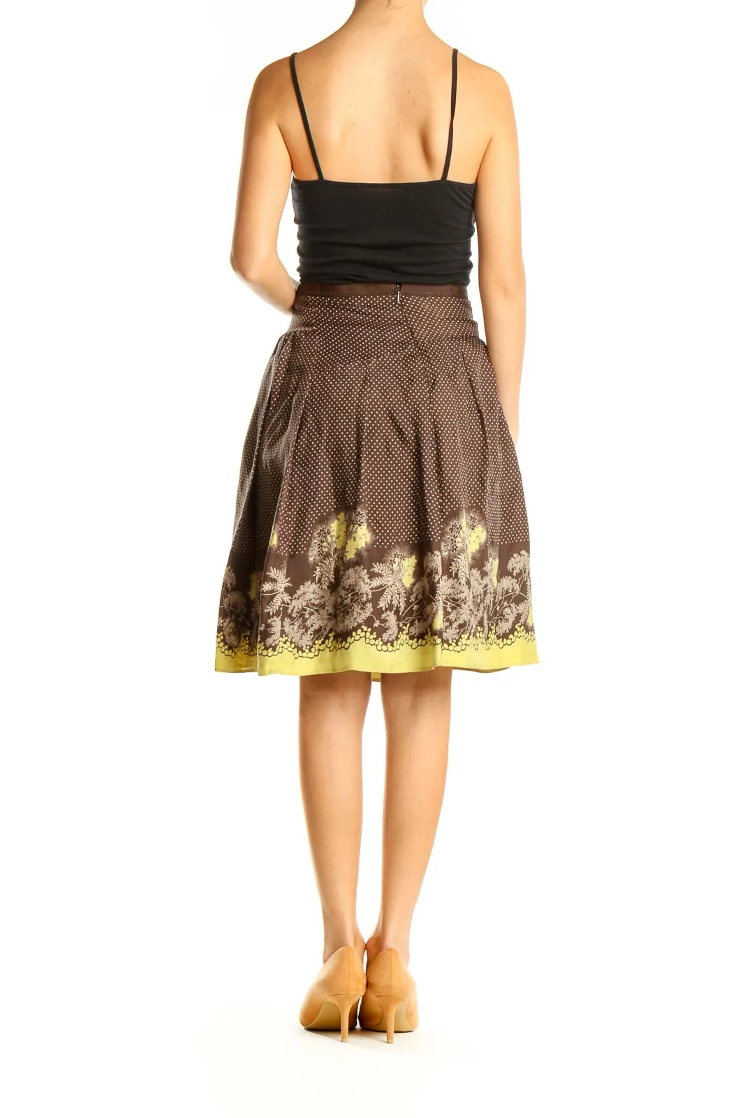 Brown Polka Dot Floral Print Brunch Flared Skirt