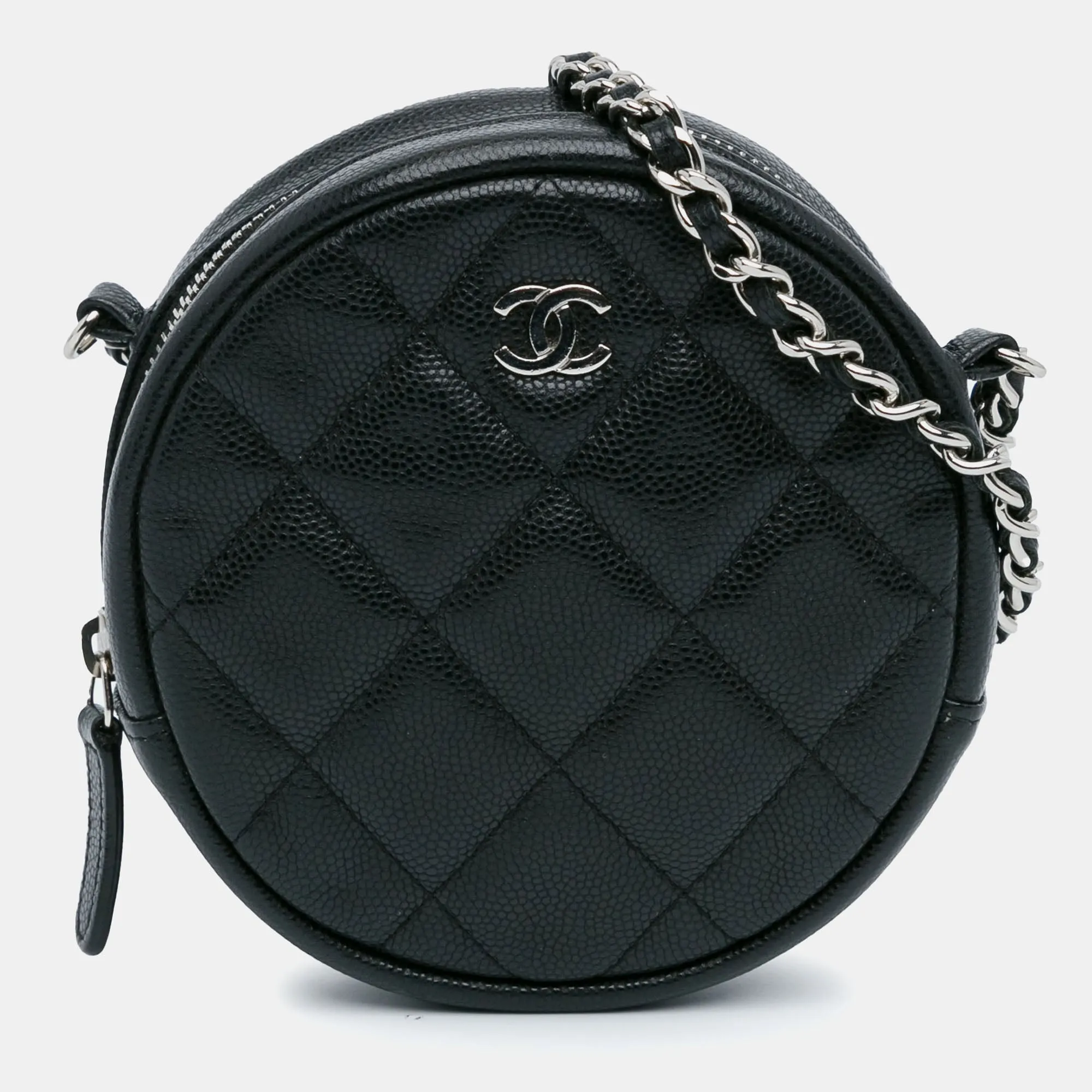 CC Quilted Caviar Round Clutch With Chain