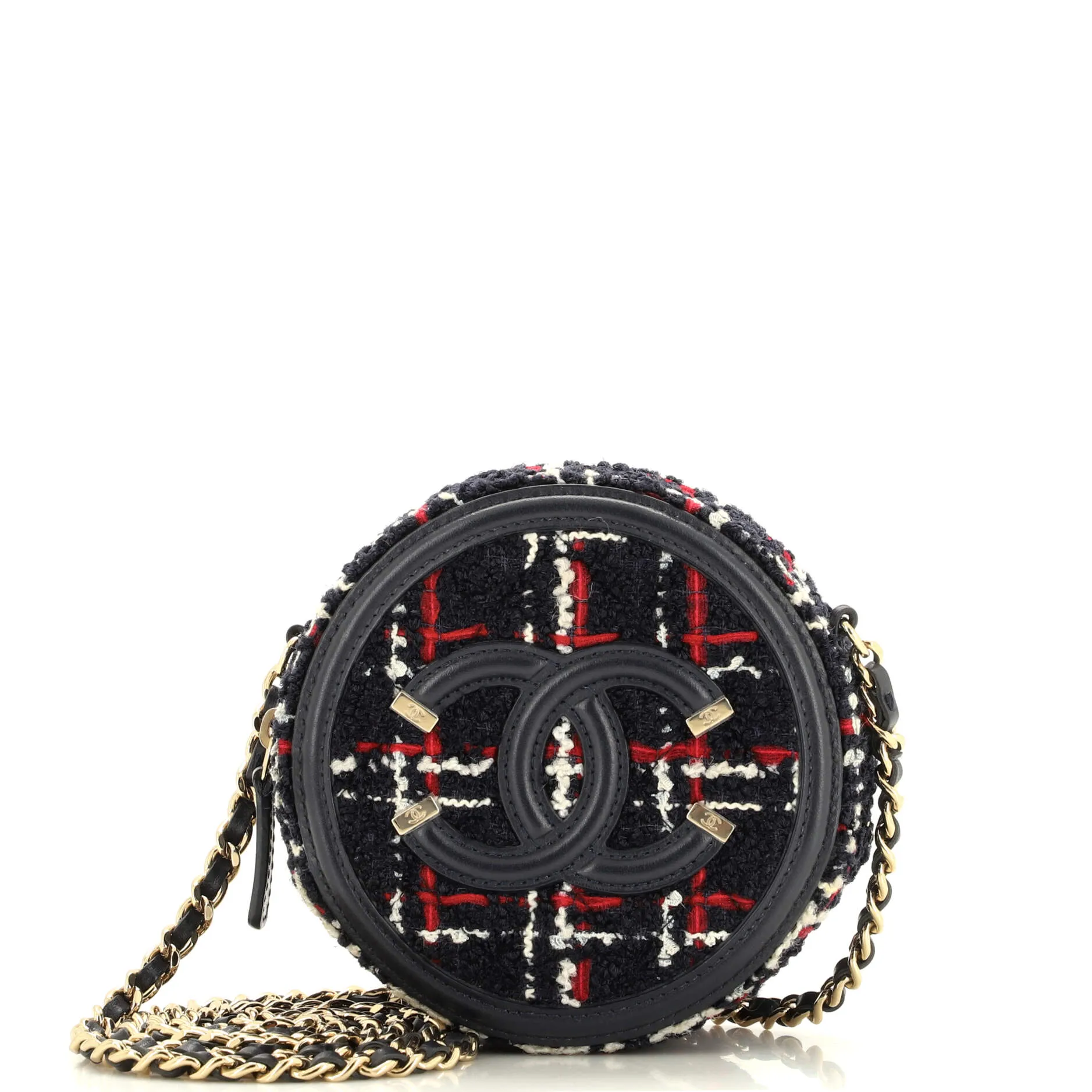 CHANEL Filigree Round Clutch with Chain Quilted Tweed Mini