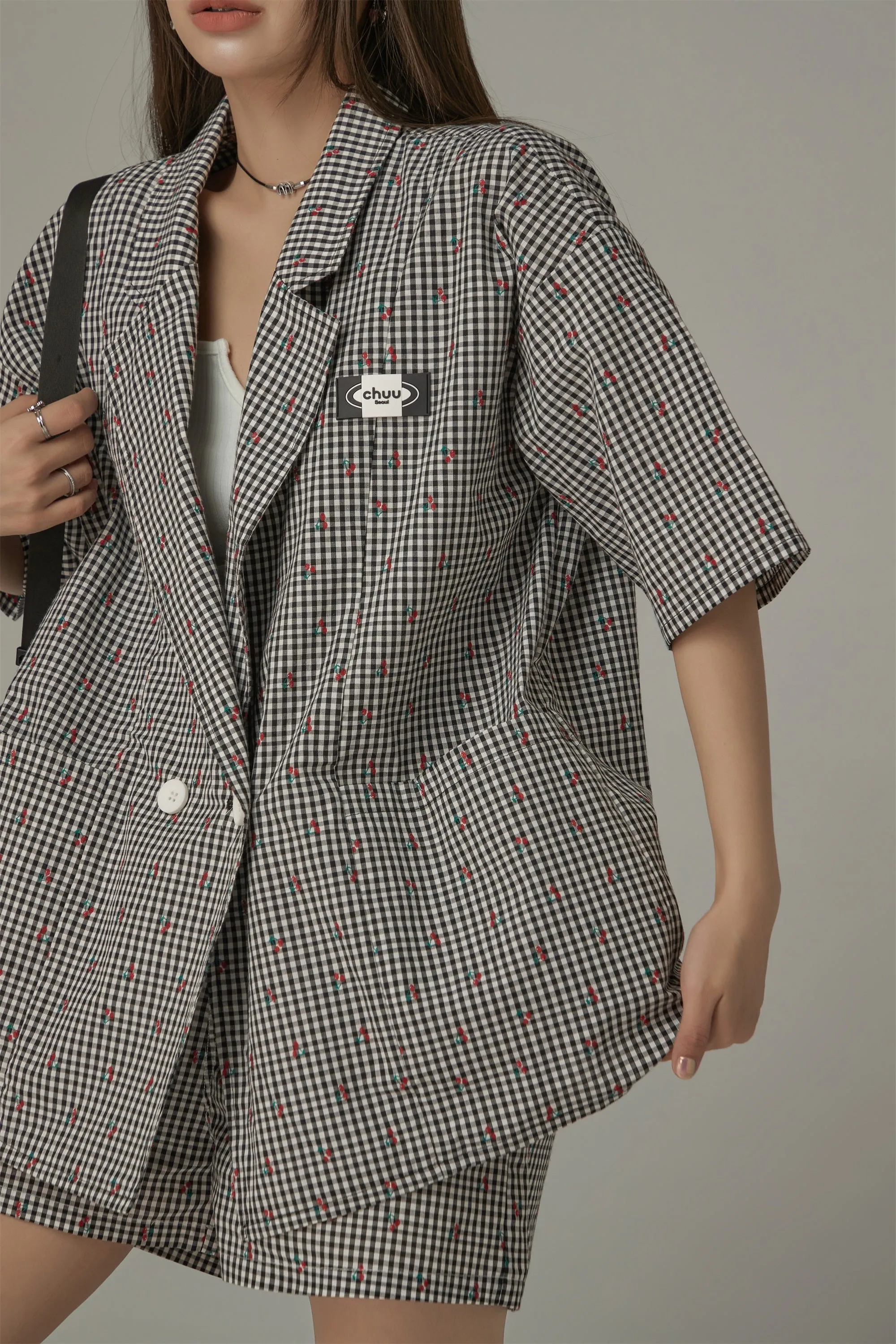 Checked Button Oversized Blazer Jacket