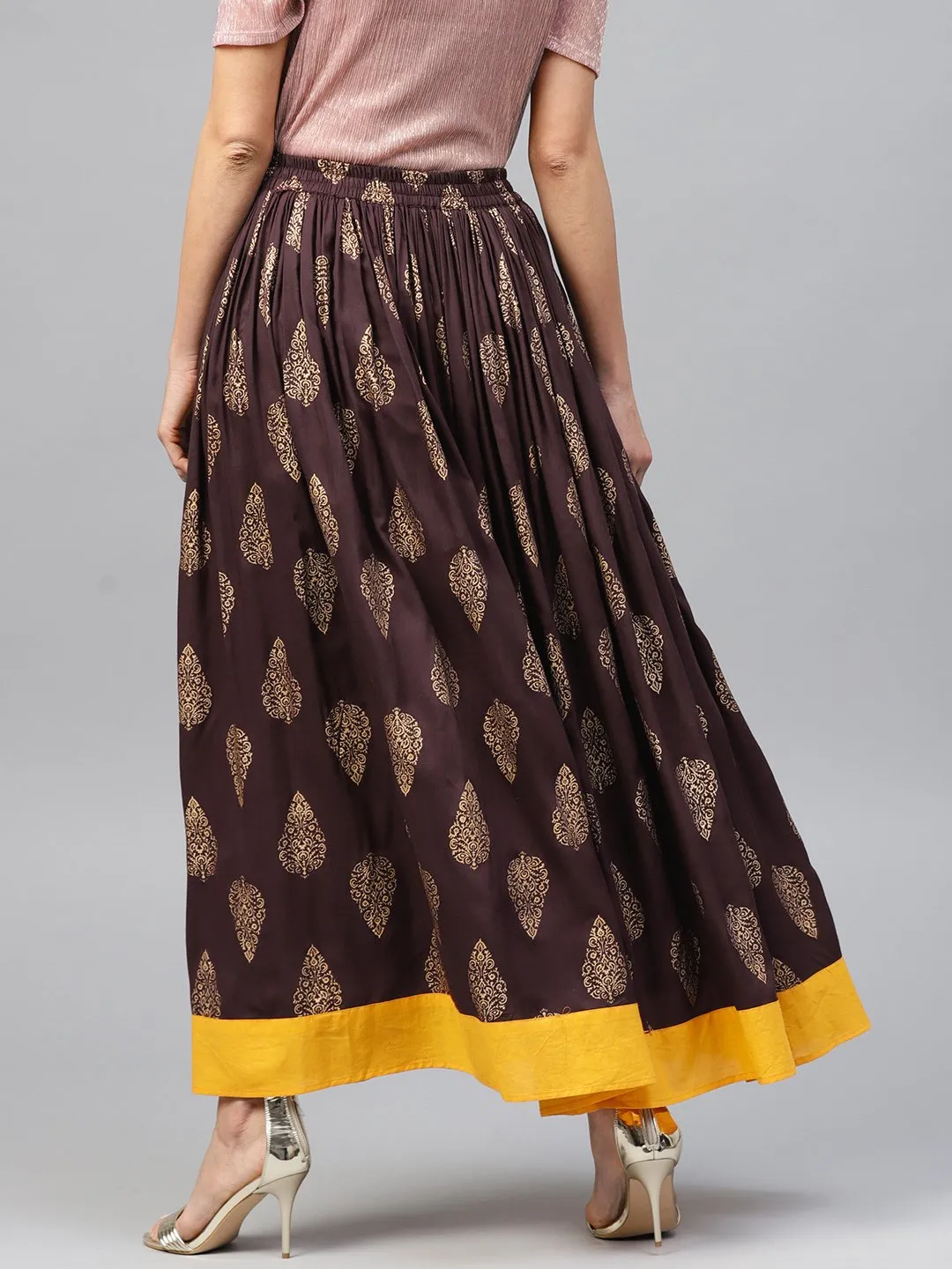 Chocolate brown printed flared skirt