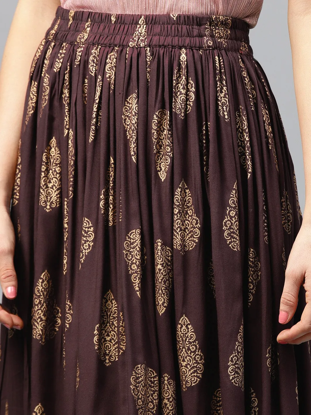 Chocolate brown printed flared skirt