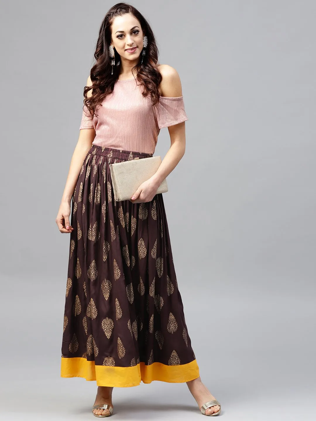 Chocolate brown printed flared skirt