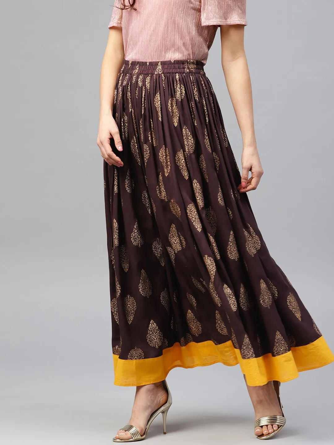 Chocolate brown printed flared skirt