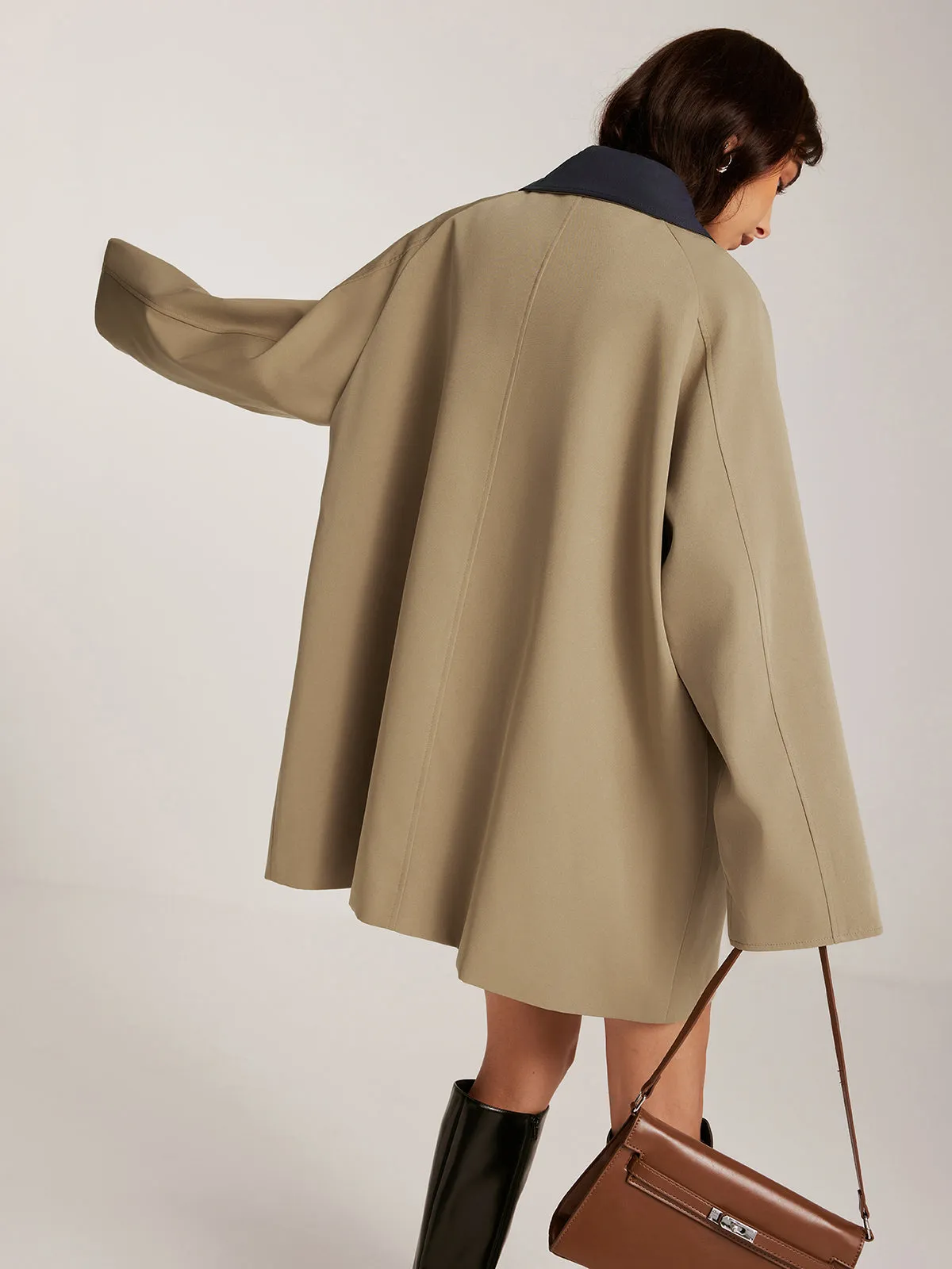 Contrast-Collar Zipper Oversized Trench Coat