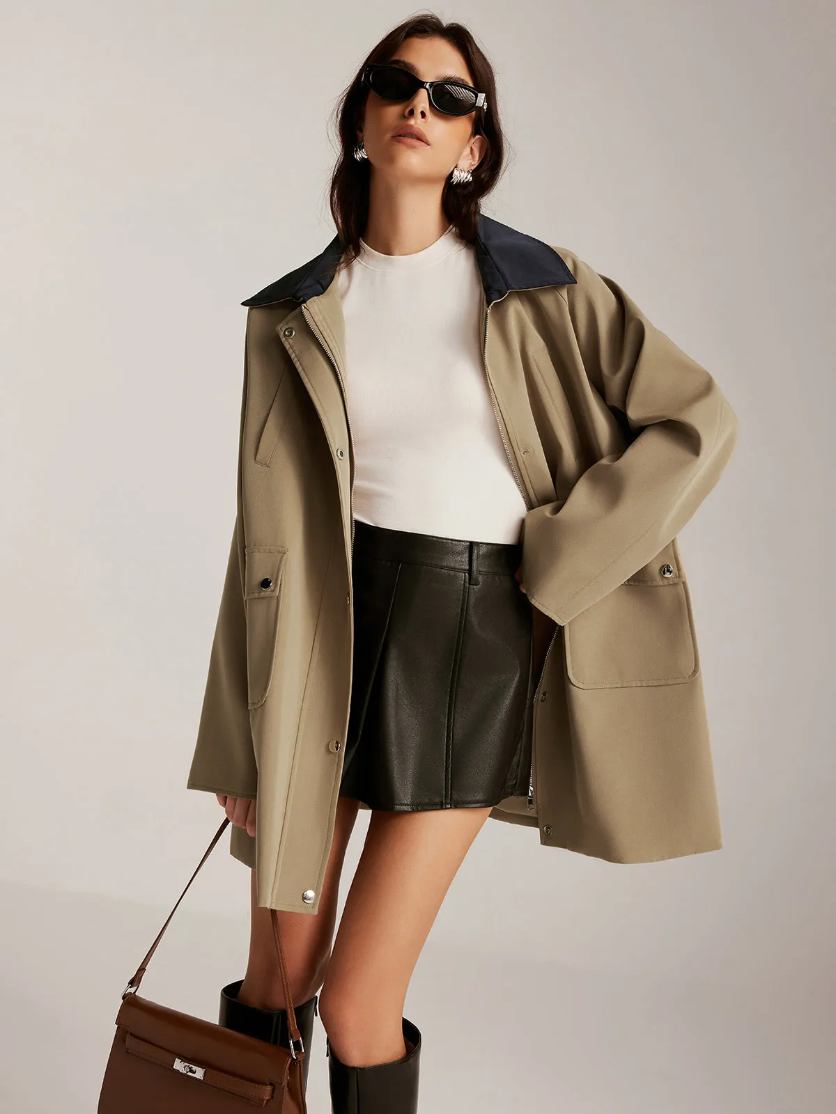 Contrast-Collar Zipper Oversized Trench Coat