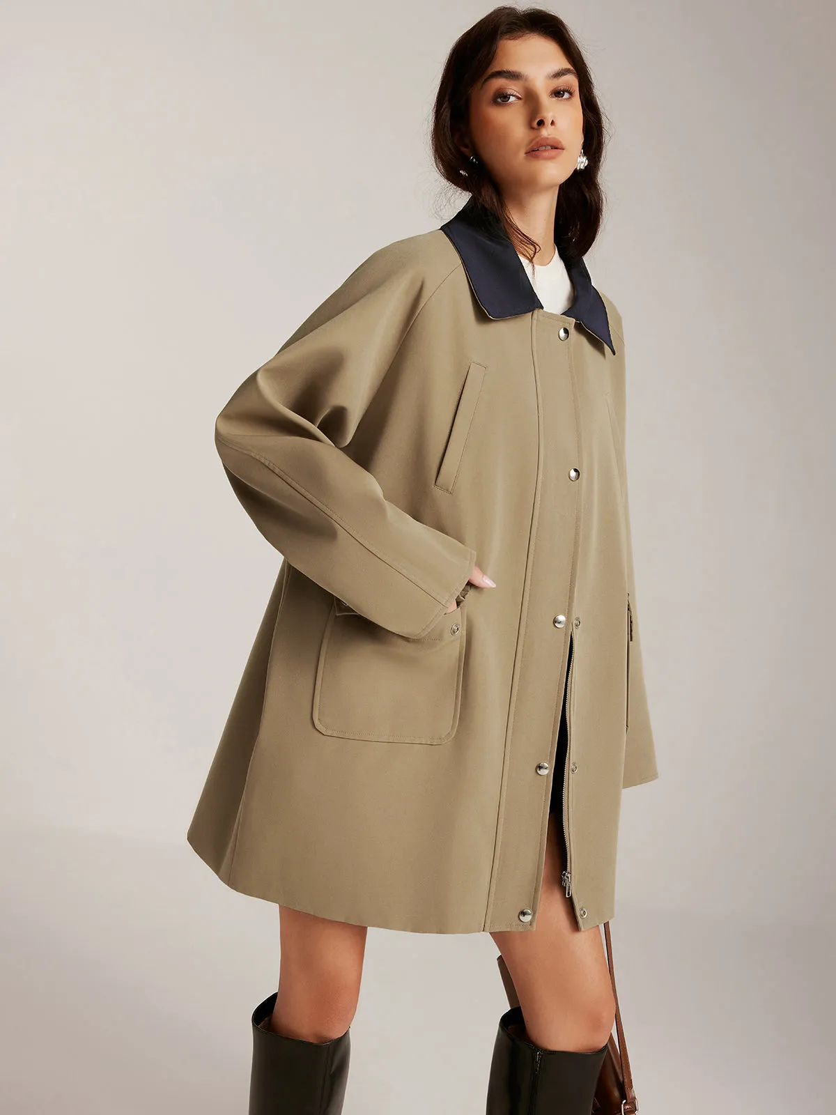 Contrast-Collar Zipper Oversized Trench Coat