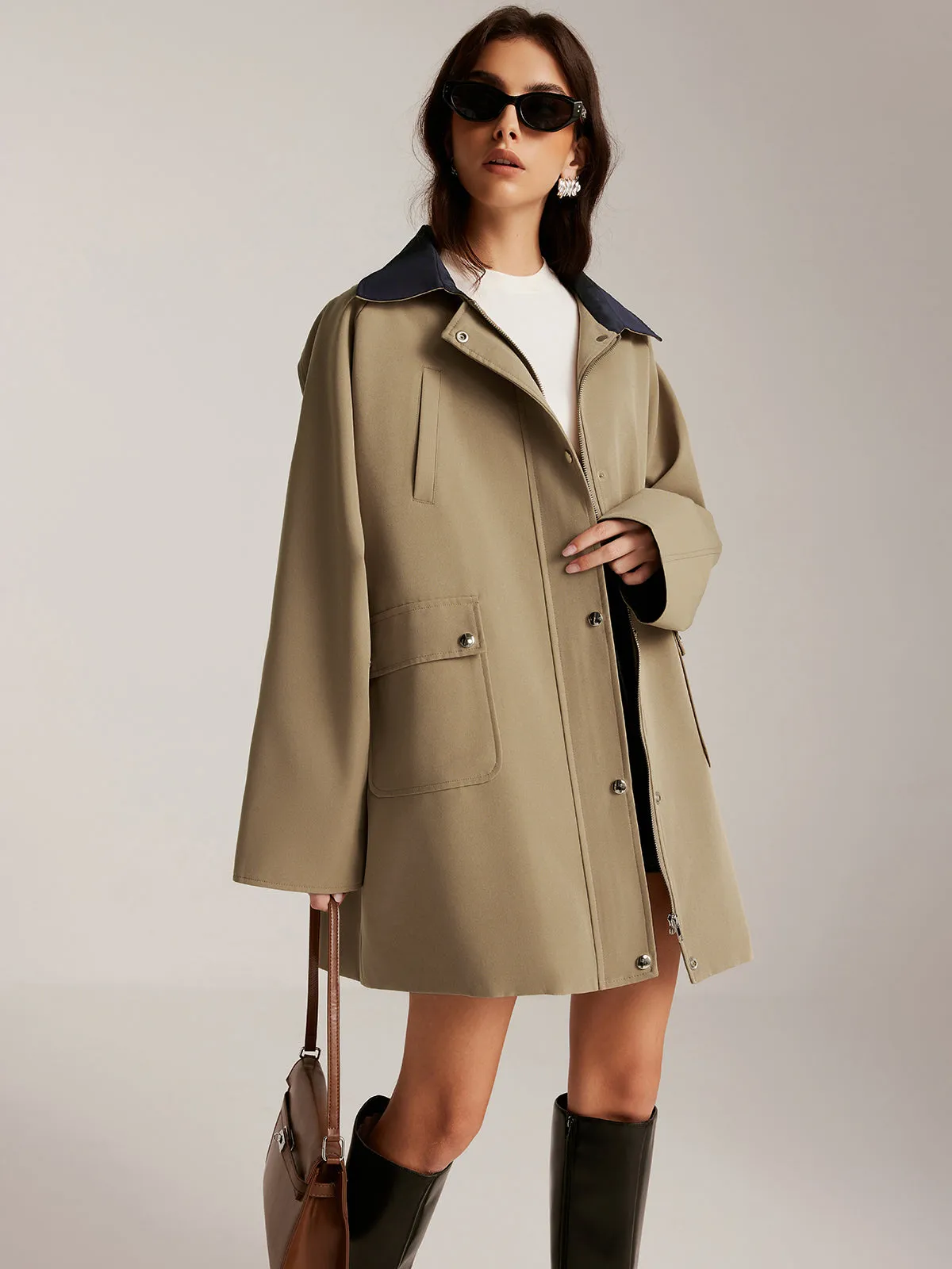 Contrast-Collar Zipper Oversized Trench Coat