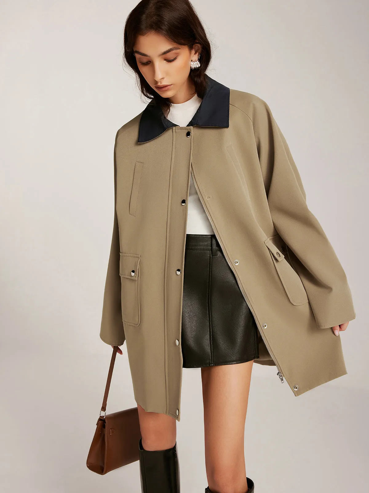 Contrast-Collar Zipper Oversized Trench Coat