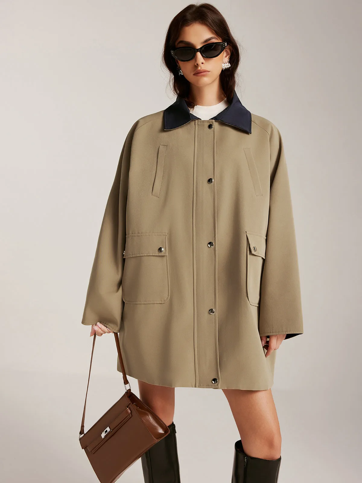 Contrast-Collar Zipper Oversized Trench Coat