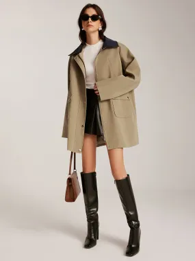 Contrast-Collar Zipper Oversized Trench Coat