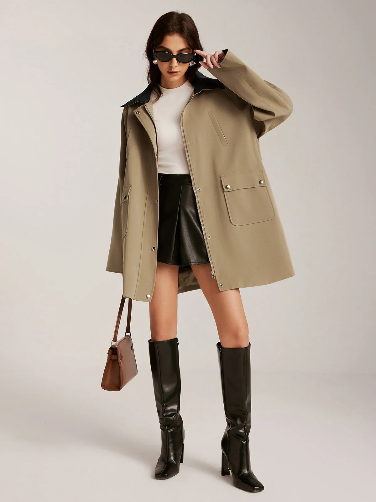 Contrast-Collar Zipper Oversized Trench Coat