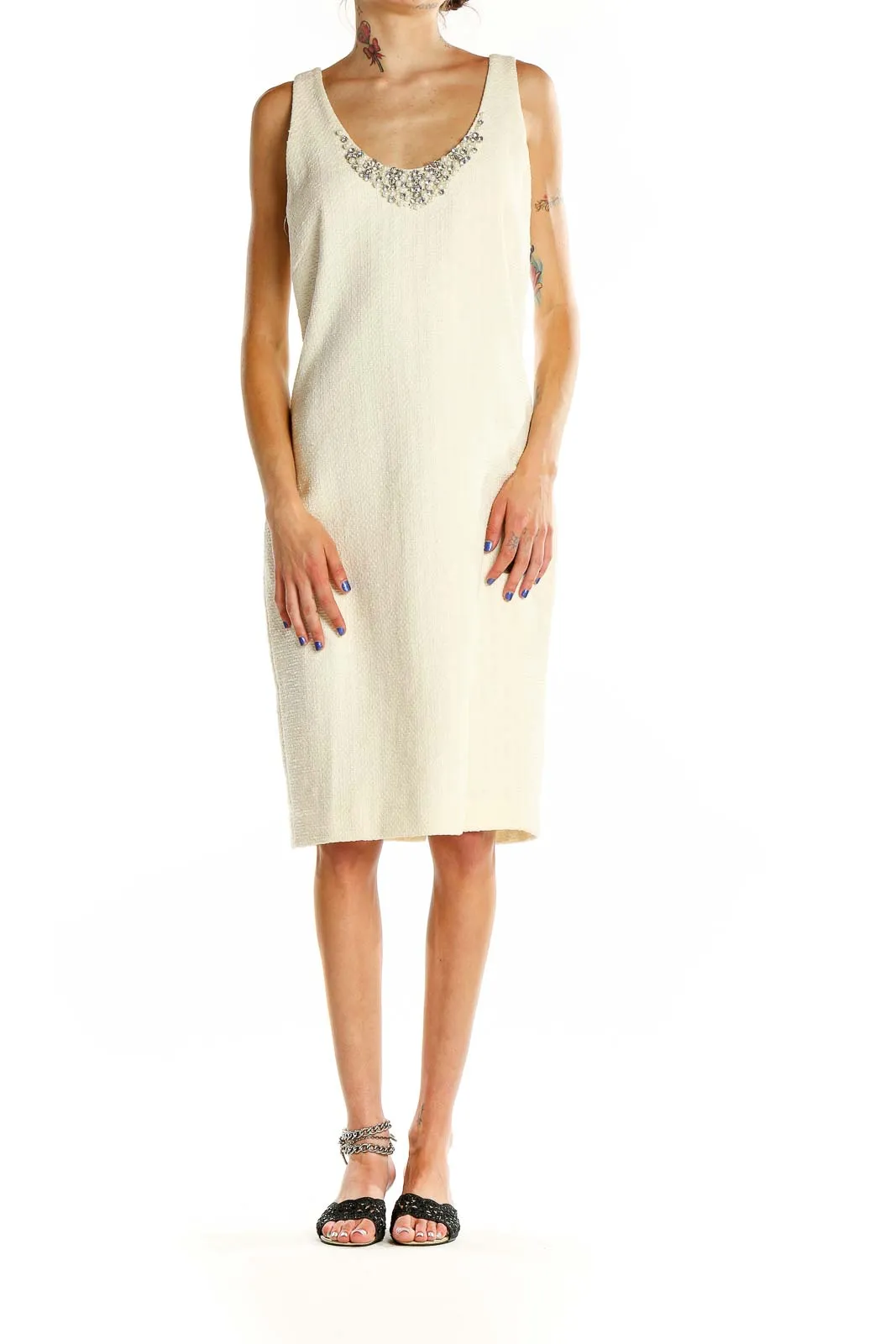 Cream Embellished Sleeveless Sheath Dress